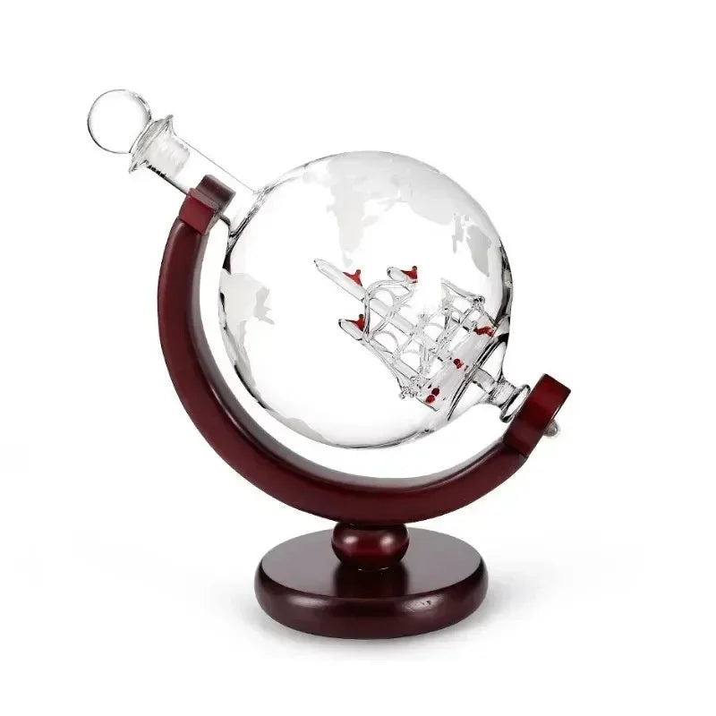 Conjunto Decanter Globo com Suporte de Madeira e 2 Copos